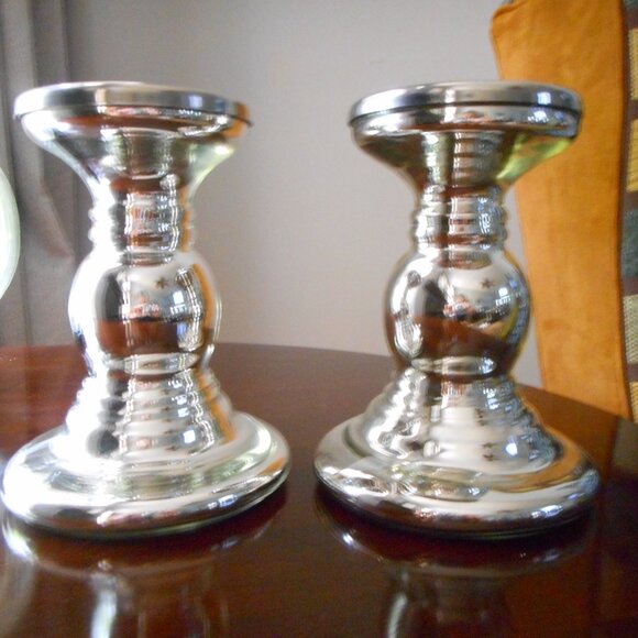 IKEA SKIMMER pr candlestick holders Disc'd Glass Chrome Silver 7"x4"dia x 5"bas - Picture 2 of 3
